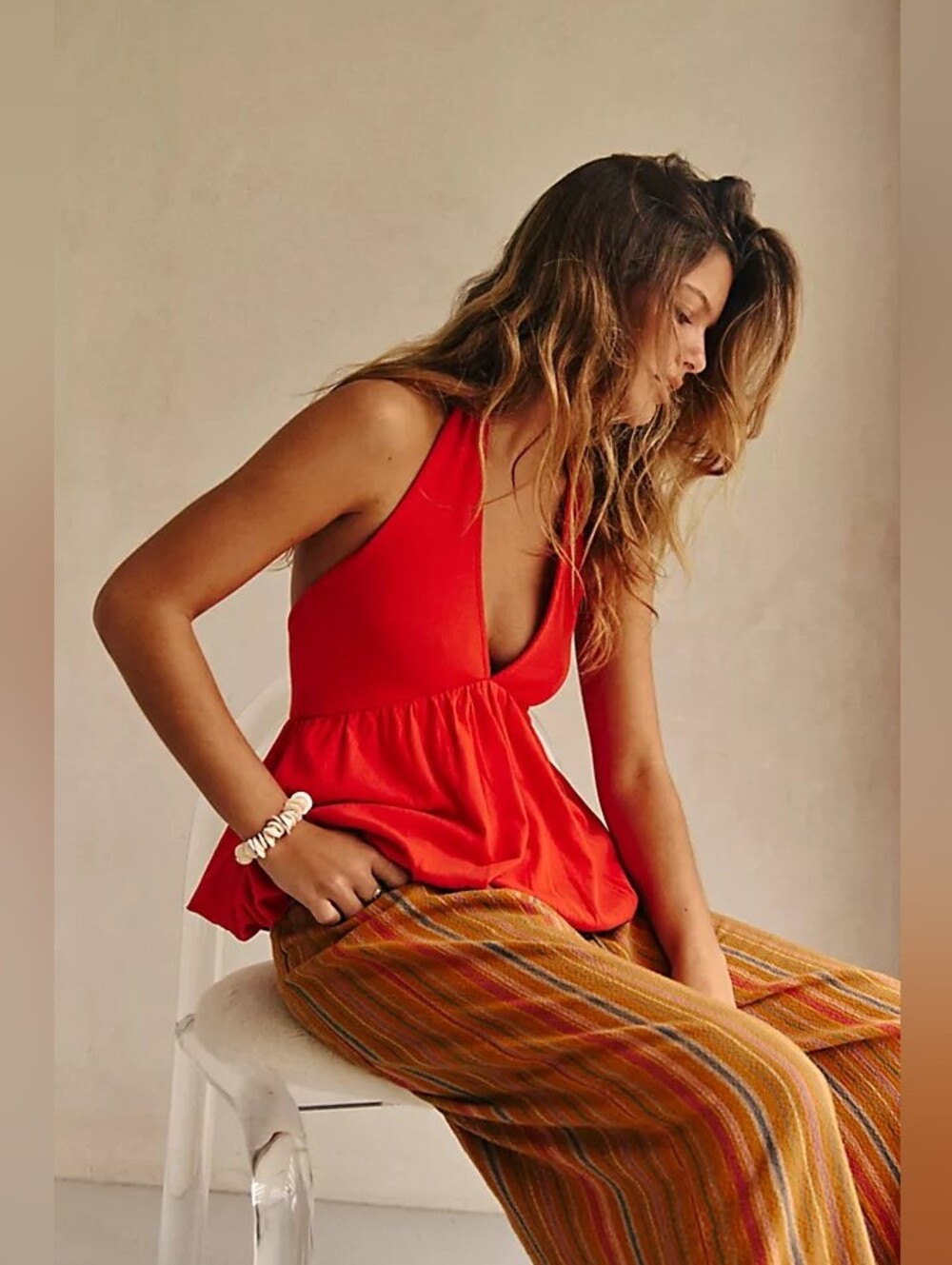 Free People Orange Bubble Hem Halter Top